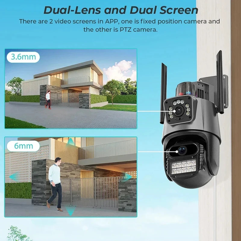 Outdoor WiFi PTZ Camera 4K 8MP HD Dual Lens Dual Screen AI Camera Auto Tracking 4MP Video Surveillance Police Light Alarm iCSee