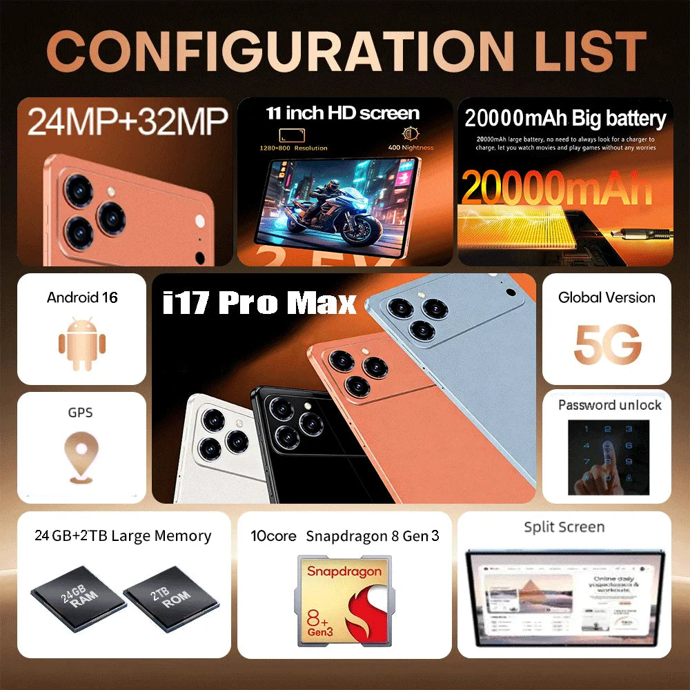 Nueva tableta original edición global 2026 Android 16 Pad 17 Pro Max 24 GB + 2 TB, tableta 5G con doble tarjeta SIM WIFI HD 4K, mini tablet PC