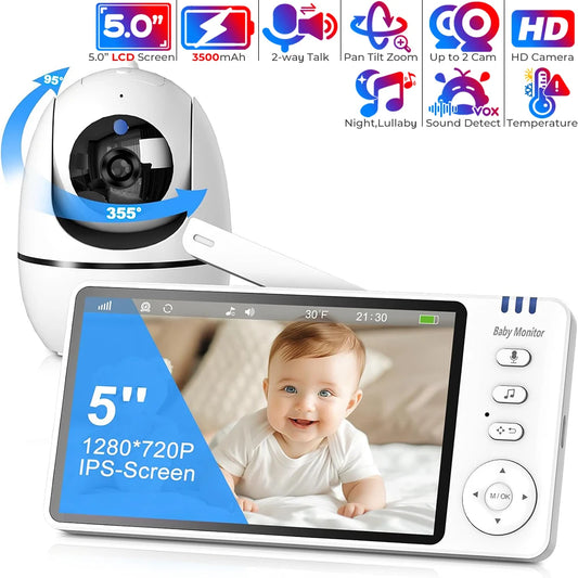 Babyphone Vidéo Sans Fil HD 5" — Pan/Tilt Audio Bidirectionnel Vision Nocturne Bébé
