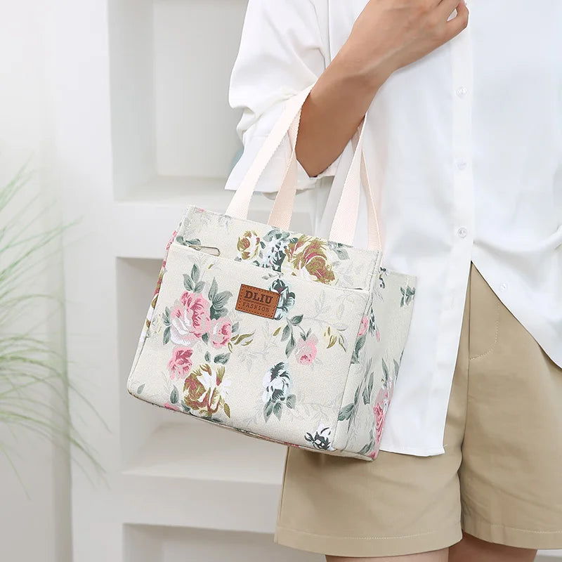 Sac à déjeuner esthétique imprimé Floral, sac à Bento isolé de grande capacité, sac à main isotherme pour l'école, le travail, les voyages et le pique-nique