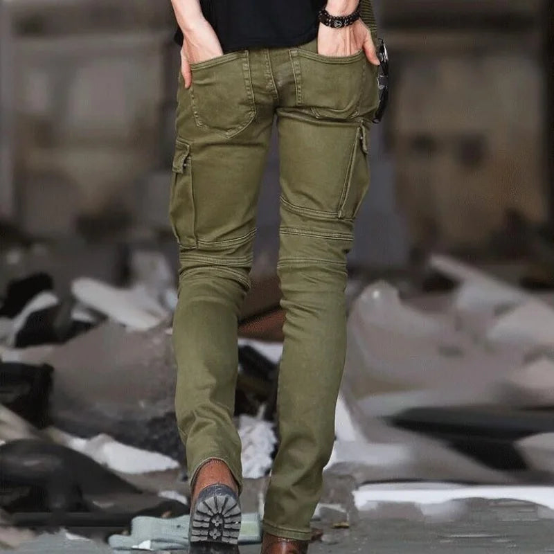 Men's Green Denim Biker Jeans, Slim Fit, Elasticated, Hip Hop, Military, Motorcycle, Cargo, New Track, DistMurcia