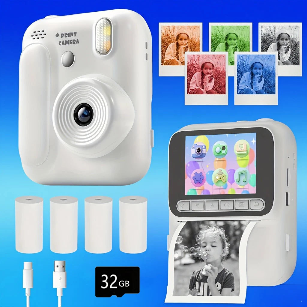 Instant Camera for Kids, Color Printing, 32GB, 1080P, Thermal Print Toy, Photo, Video Games, Music, Children's Gift