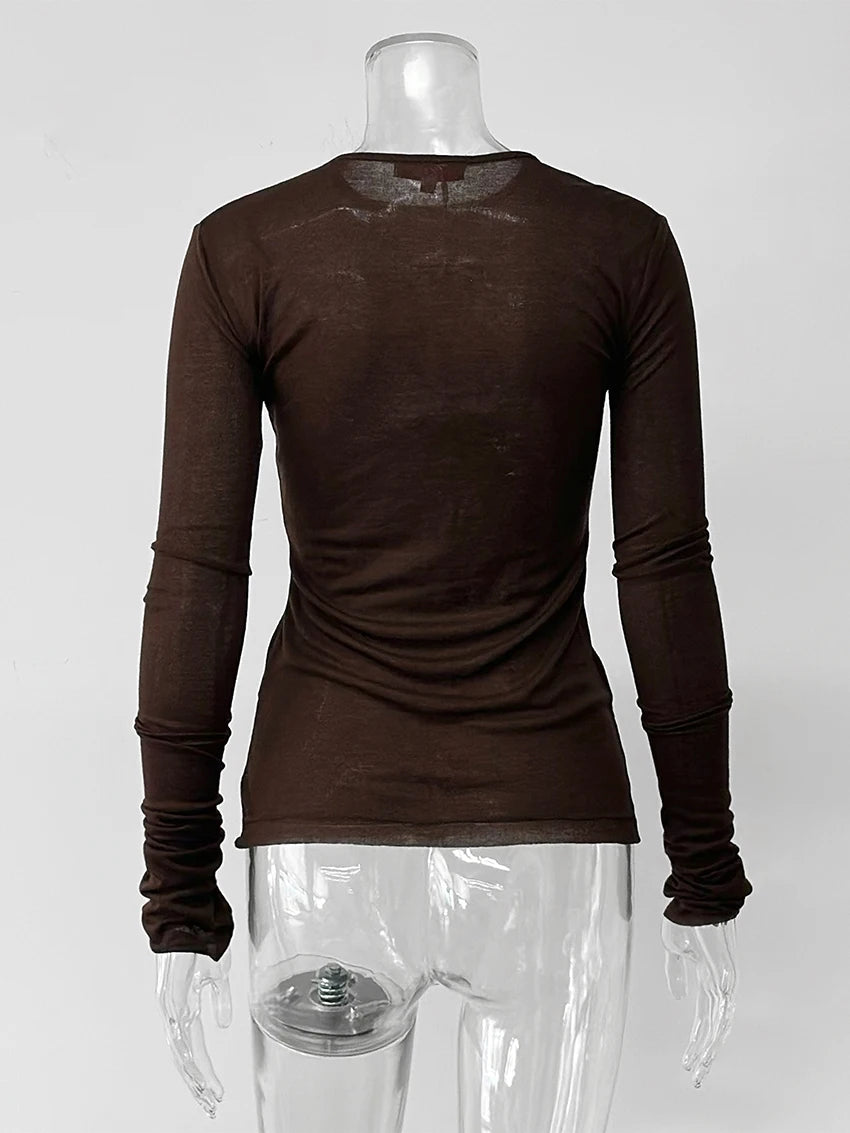 T-shirt femme mince marron 2026 — décontracté, col rond, manches longues, élégant, simple