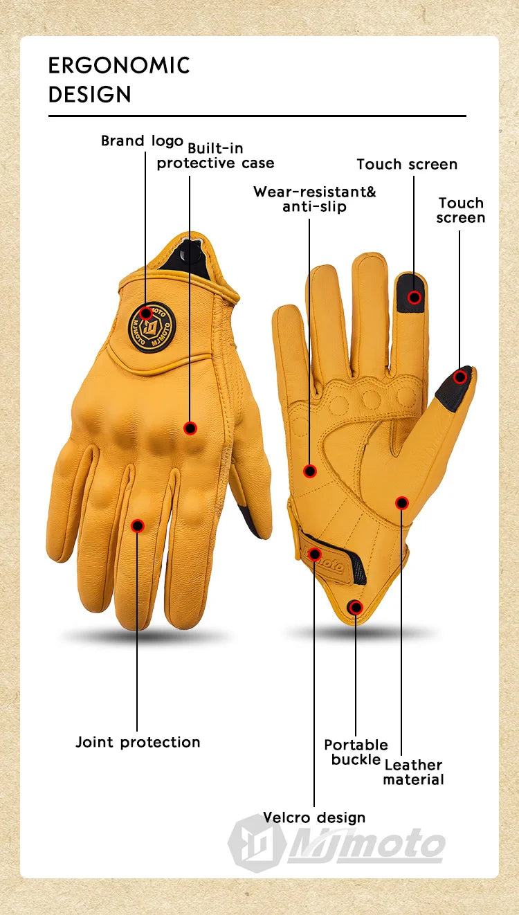 Gants de Moto Rétro en Cuir Jaune pour Homme et Femme, Accessoire Perforé et Respirant pour Course de Vélo, Écran Tactile, Motocross