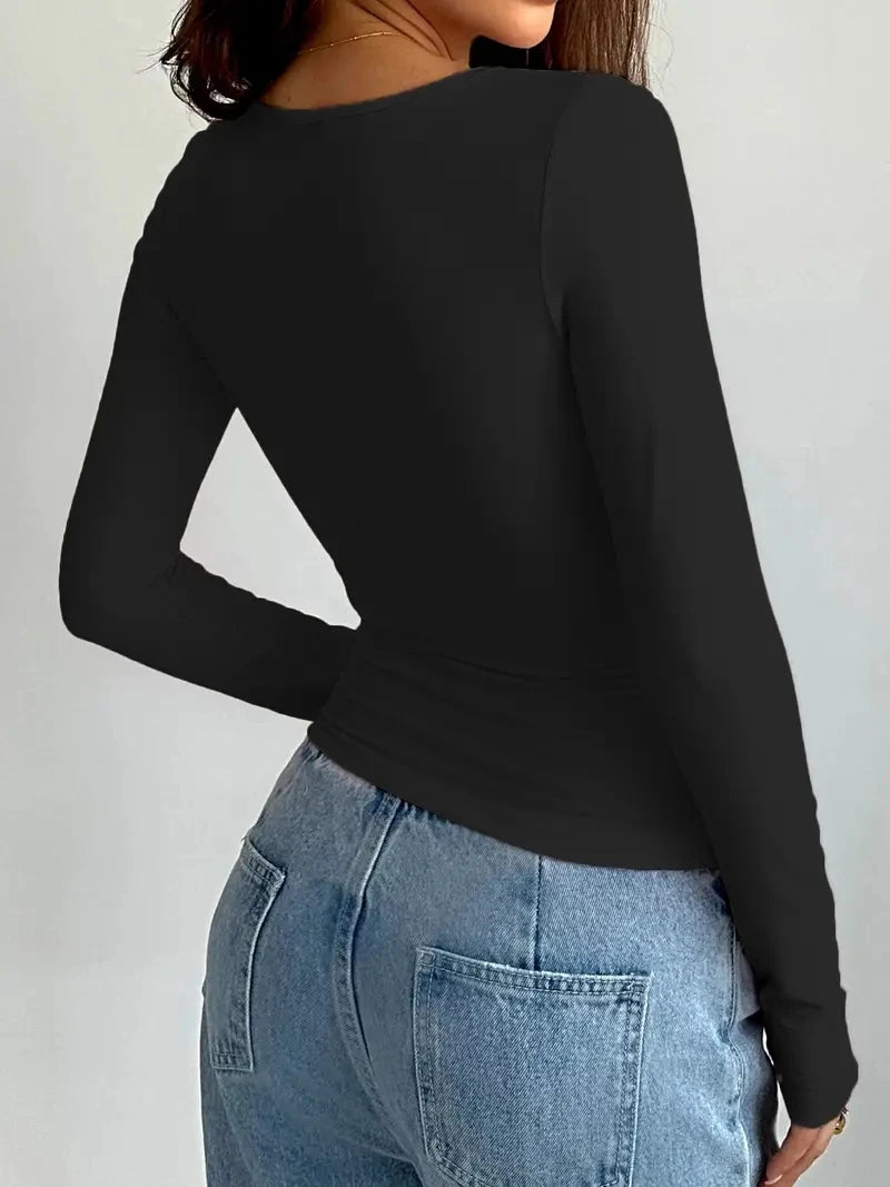 T-shirt décontracté à col rond uni et manches longues pour l'été 2026, idéal printemps et automne, vêtements pour femmes