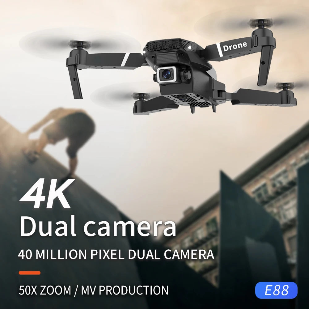 New E88 Pro 2026 Drone, 4K HD Dual Camera, FPV, 13 Minutes Flight Time, Long Range, Foldable RC Quadcopter, Mini E88 Pro Drone, Boys' Toy