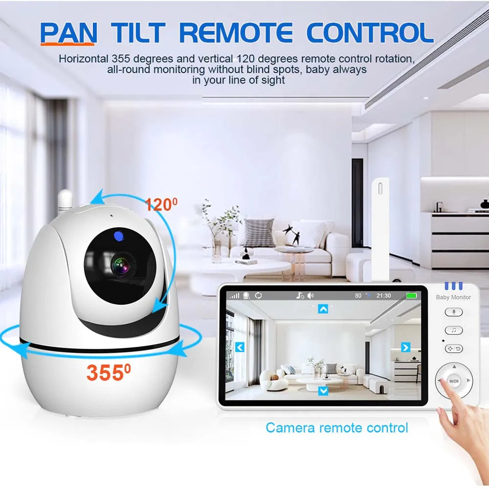 Moniteur vidéo pour bébé de 5 pouces, avec caméra, Zoom PTZ, Protection de sécurité, caméras de Surveillance, capteur de température, berceuse
