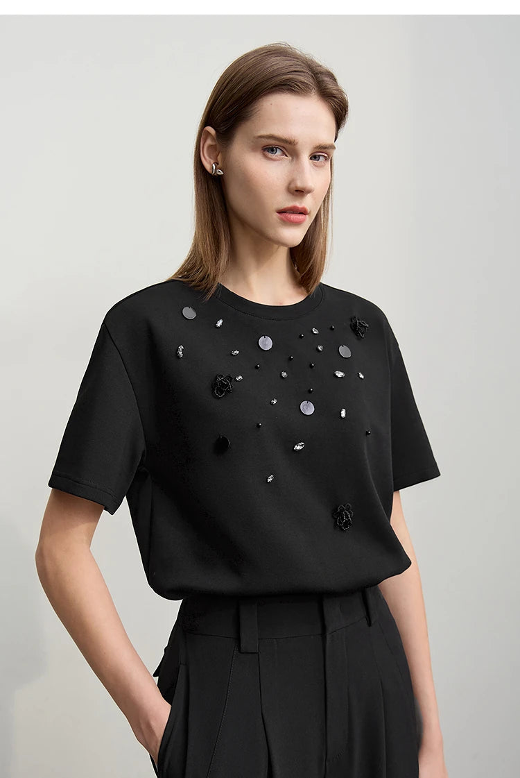 T-shirt femme 2026 — col rond, perle tridimensionnelle, fleur, diamant, tricot, ample