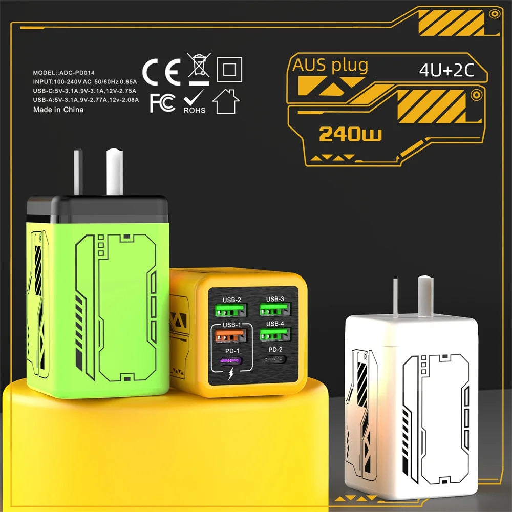 Chargeur USB 240W 6 ports charge rapide — adaptateur mural de voyage, prise EU/US/UK, Type C PD