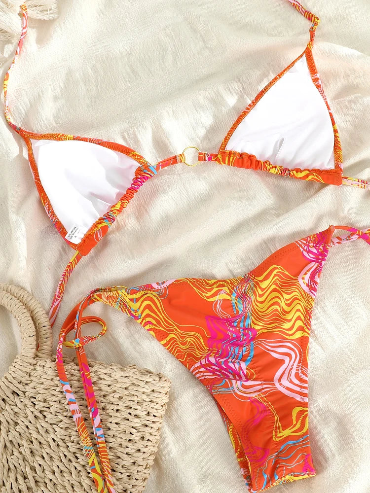 Sexy Triangle chaînes Bikini ensembles Micro tongs maillot de bain femmes maillot de bain Biquini pansements de plage maillot de bain imprimé string Bikini