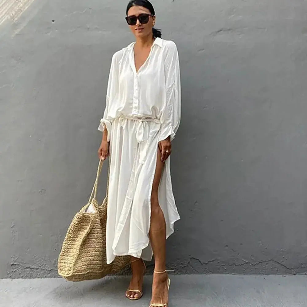Túnica de playa tipo pareo para mujer 2026, de algodón blanco liso, cuello alto, conjunto de playa