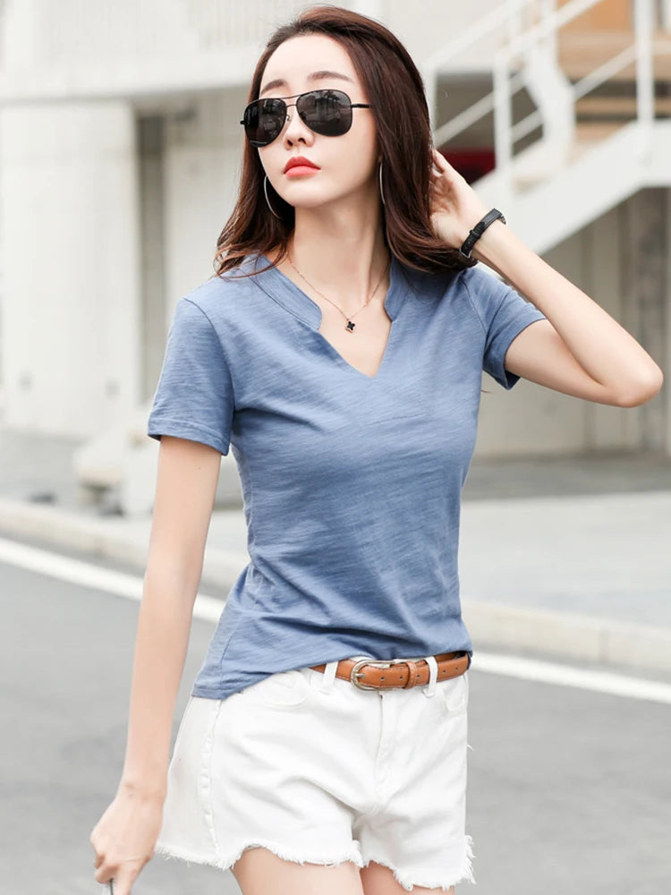 T-shirt en coton et bambou pour femme, col en V, doux, basique, classique, mode, tailles S-3XL, collection été 2026