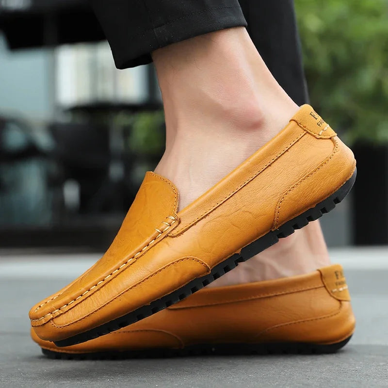 Mocasines transpirables de cuero genuino, mocasines casuales, zapatos de cuero para hombre sin cordones, zapatos planos italianos formales para conducir
