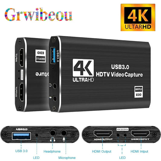 Carte d'acquisition vidéo 4K USB 3.0, enregistreur vidéo HD 1080P compatible HDMI, pour PC PS4 OBS, enregistrement de jeu, micro Audio
