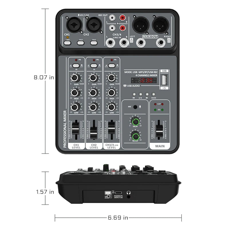 Mélangeur Audio DJ 4 Canaux USB Bluetooth — Console Mixage 48V Karaoké & Studio