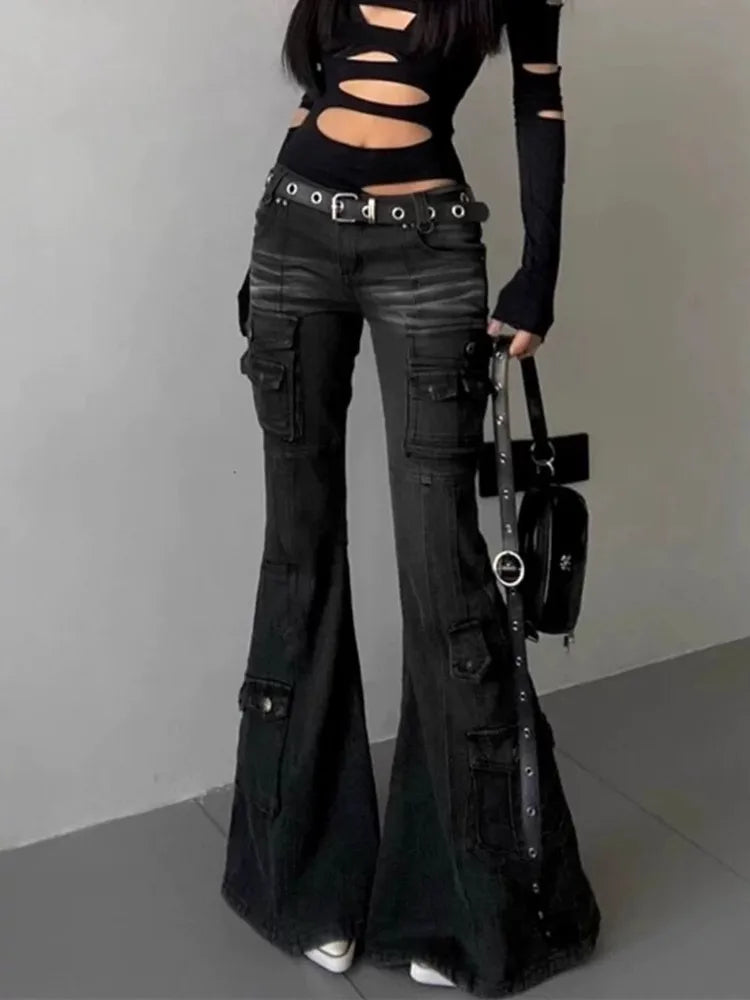 2025 Cyber Y2K Streetwear Vintage Black Slim Flare Cargo Jeans Pants Women's Clothing Multi-Pocket Lady Trousers
