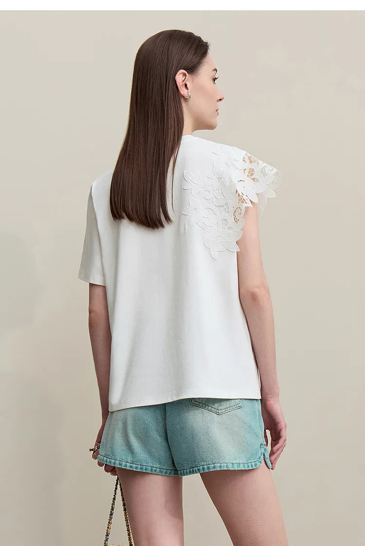 T-shirt femme 2026 été — col rond, coton, anti-transpiration, dentelle asymétrique, ample, manches courtes