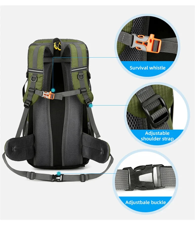 Sac à dos d'escalade en nylon pour homme, sac à dos de camping, sac à dos de randonnée, sports de plein air, canadisme, trekking initié, sac à dos de voyage, 50l