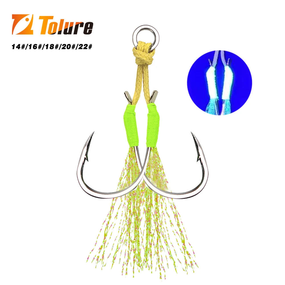 TOLU 10 pièces crochets d'assistance de queue de gabarit en métal 13-22 #   Avec ligne PE plume anneau solide gabarits uv hameçon pour 10-120g leurre crochets de pêche