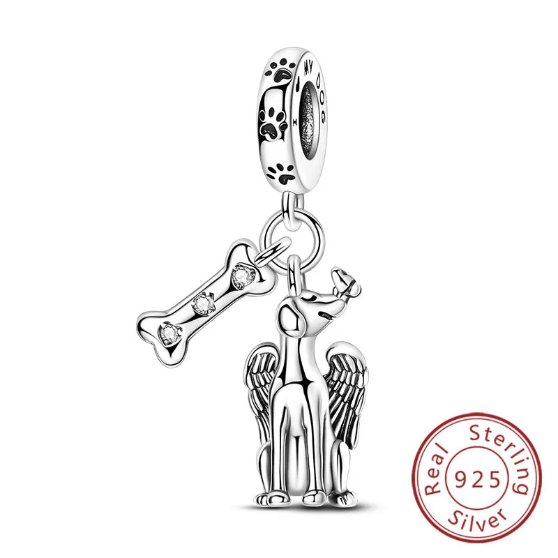 Abalorios de plata de ley 925 con huellas de perro, gato, corazón, animales, abalorios que se ajustan a pulseras, collares, colgantes, joyas para mujer, para hacer tú mismo
