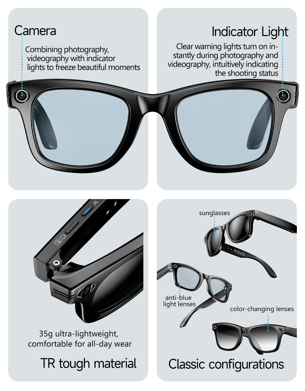 Nouvelle mise à niveau lunettes intelligentes avec caméra enregistrement vidéo AI reconnaissance Photo Bluetooth appel traduction voix lunettes de soleil hommes femmes