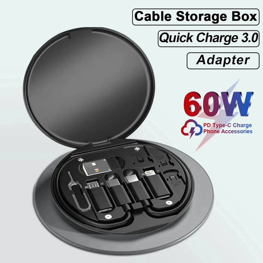 Câble USB Type-C multifonctionnel PD 60W — charge rapide, boîte de rangement, adaptateur, voyage