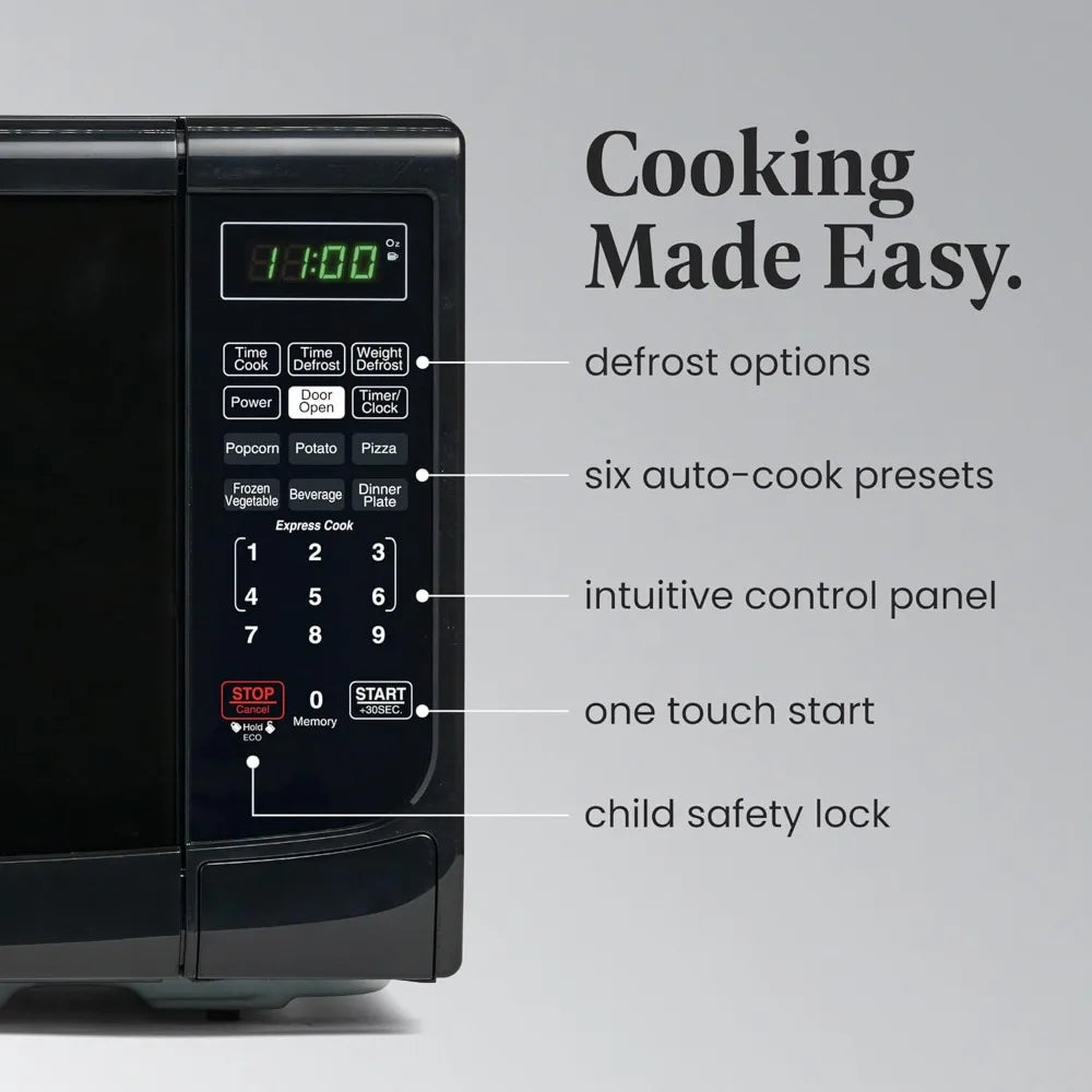 0,7 Cu. Four à micro-ondes de comptoir Ft. – Puissance de 700 watts, programmes de cuisson automatiques, fonction de dégivrage, nettoyage facile et verrouillage de sécurité pour enfants - Noir