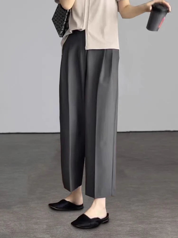 Botvotee Elegant Black Grey Ankle Length Suit Pants for Women High Waist Harem Fashion Trousers with Pockets