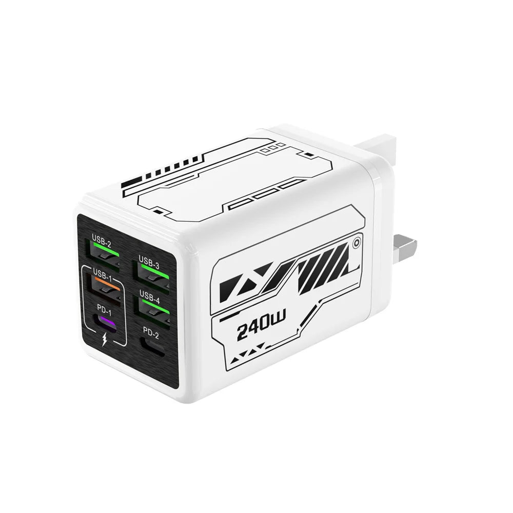 Chargeur USB 240W 6 ports charge rapide — adaptateur mural de voyage, prise EU/US/UK, Type C PD