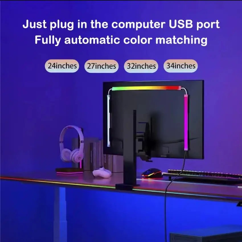 Bande lumineuse LED USB pour PC, 24-34 pouces, RGBIC, synchronisation musicale via application, rétroéclairage LED pour écran d'ordinateur, pour la décoration d'une salle de jeu
