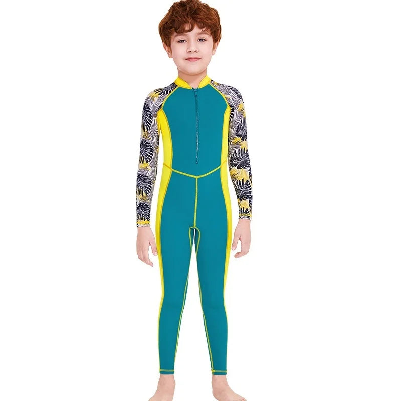 Maillots de bain une pièce pour enfants, maillot de bain pour garçons, manches longues, Protection solaire (y compris les bonnets de bain)