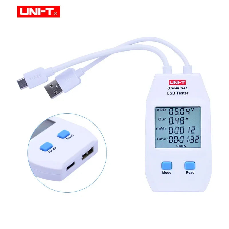 Testeur USB chargeur Type A/C — charge rapide, mesure courant, capacité, résistance, puissance
