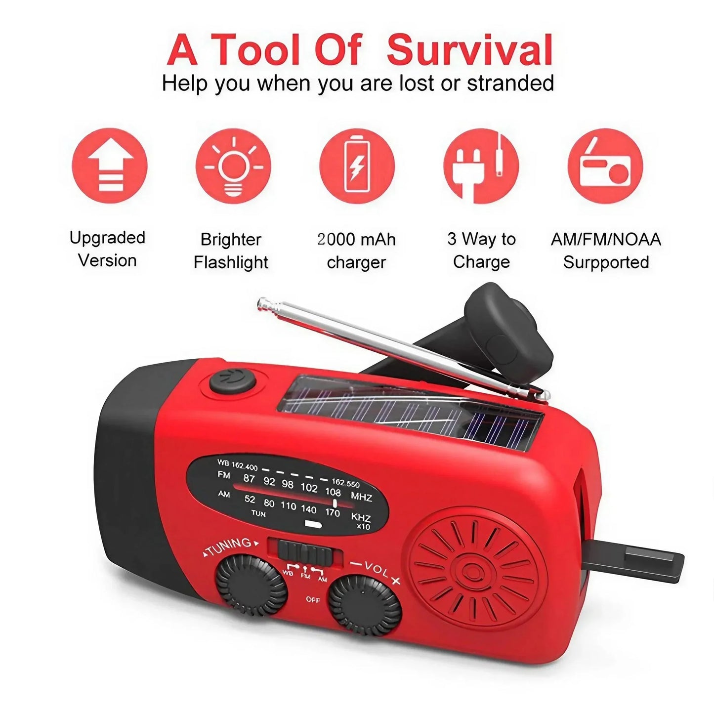 Radio météo d'urgence multifonctionnelle, FM AM WB, manivelle, charge USB solaire, batterie externe 2000mAh, lampe torche LED