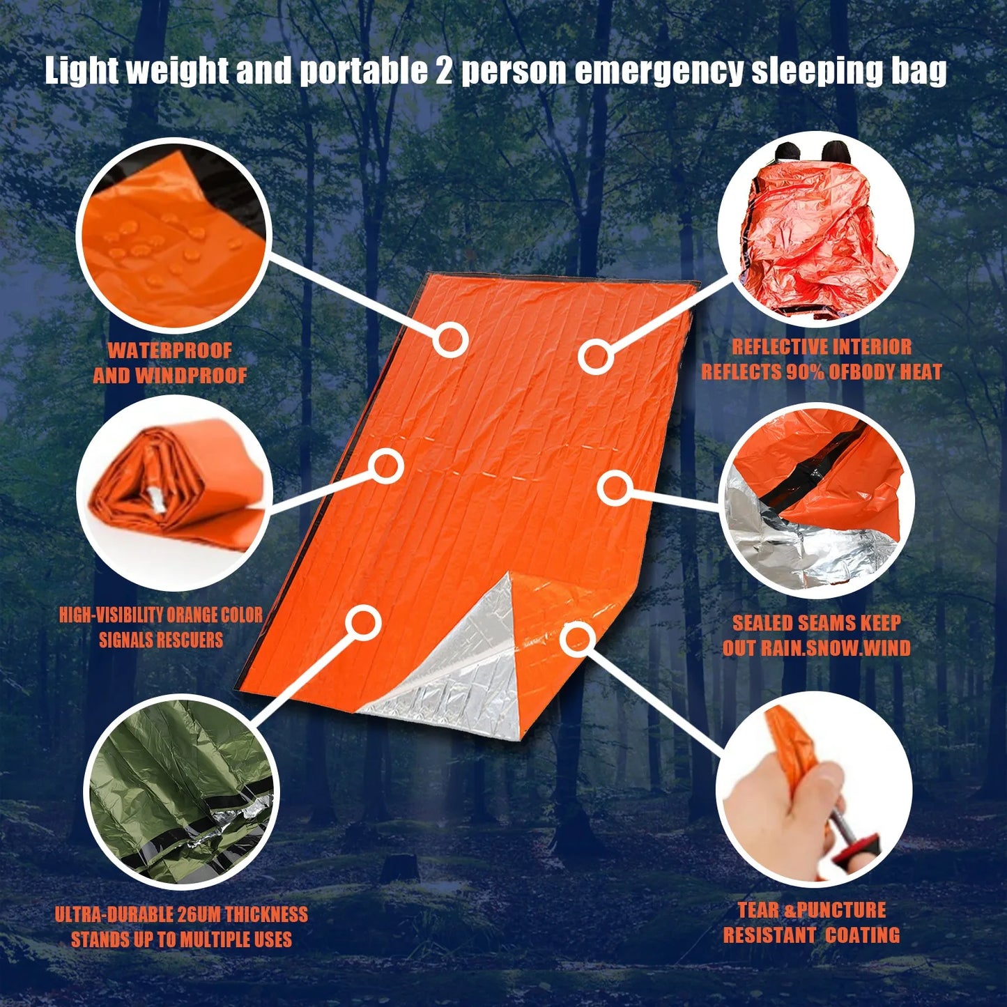 Sac de couchage de survie d'urgence Portable et étanche, équipement de Camping Edc en plein air, sac thermique, Kit de premiers secours, couverture en Mylar