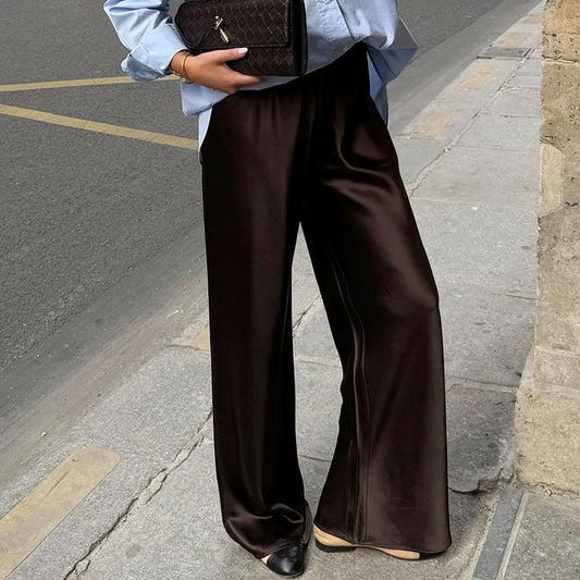 Linad elegante pantalón ancho de satén marrón para mujer, moda de otoño, pantalones beige de cintura alta, pantalones largos de seda chic de calle para mujer 2025