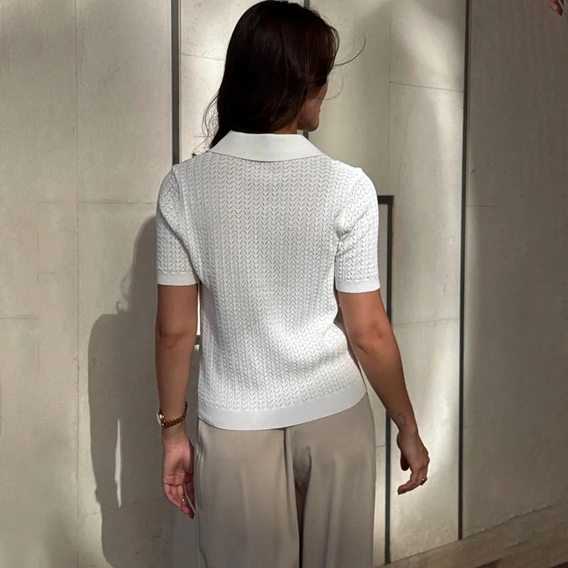 T-shirt femme en maille ajourée 2026 — manches courtes, décontracté, col à revers, tendance, uni