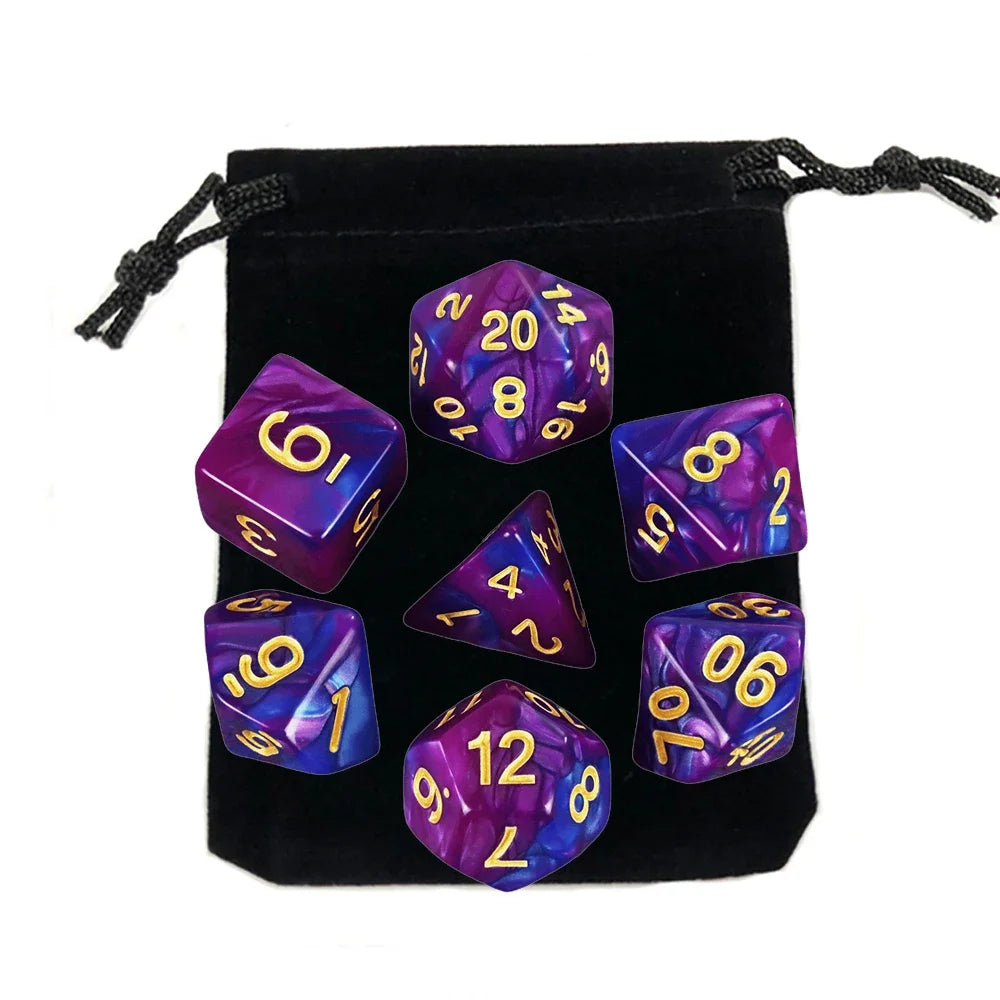 Dés polyédriques avec sac — jeu de société, jeu de rôle, d4, d6, d8, d10, d12, d20, 7 pièces