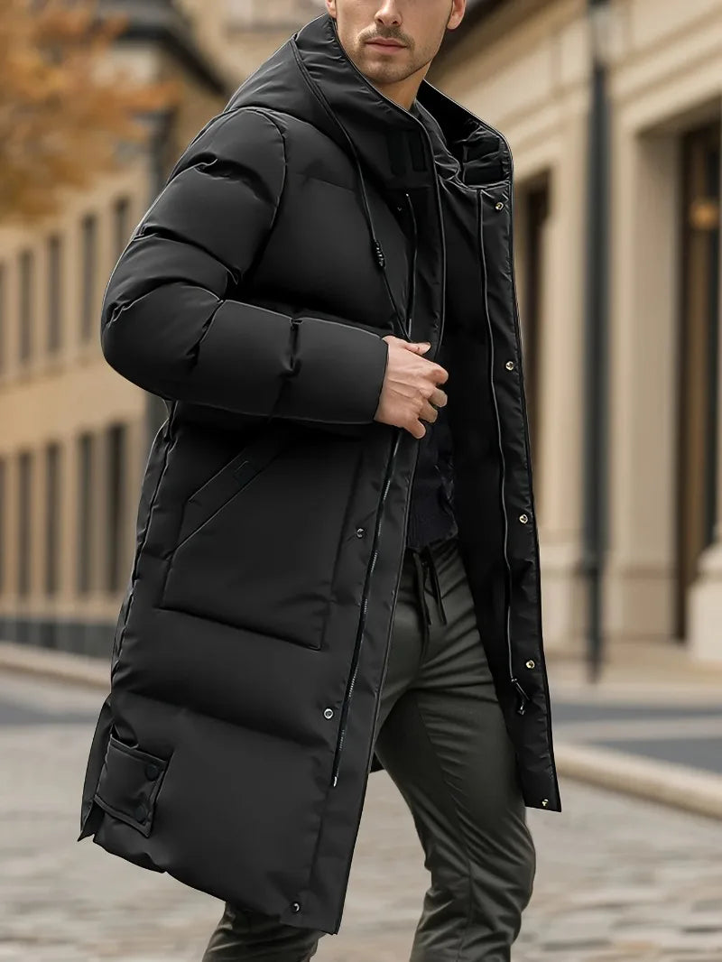 Men's Thick Winter Coat, Cold Weather Windproof Jacket with Full-Length Zipper, Long Hooded Formal, Large Front Pockets