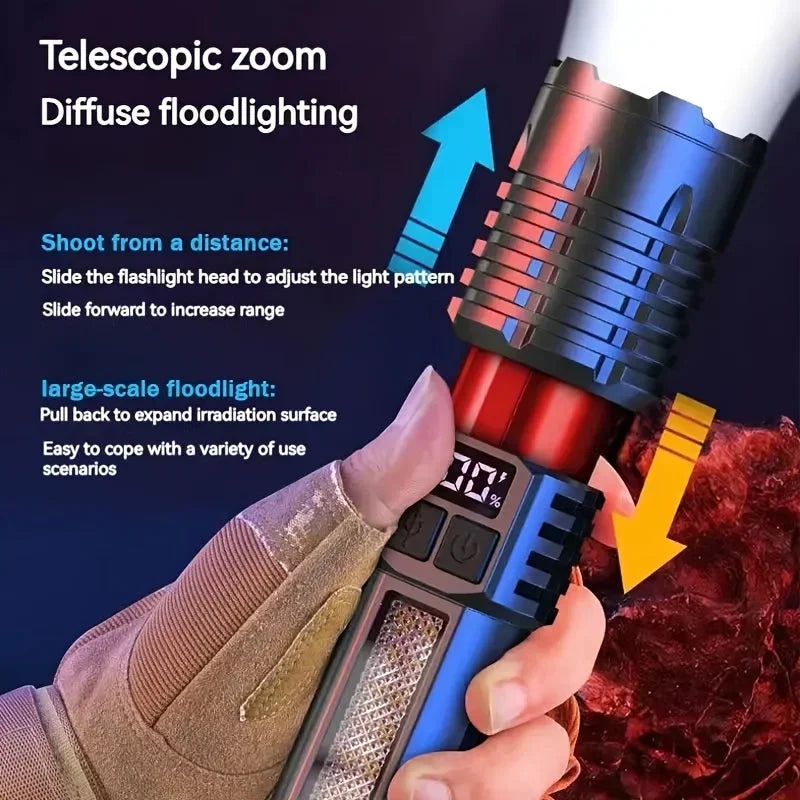 Lampe de poche LED haute puissance, torche étanche rechargeable de Type C avec lumière latérale COB, lampe d'extérieur Portable avec Zoom pour Camping et randonnée