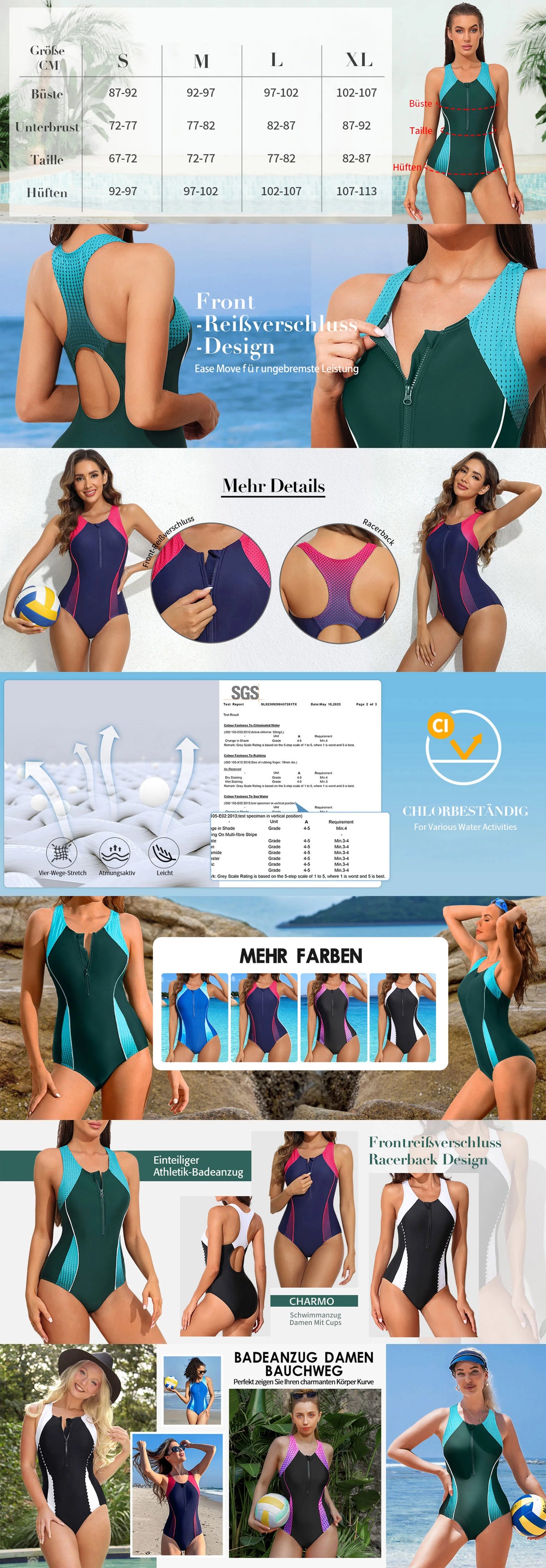 Anfilia femmes une pièce sport maillot de bain avant fermeture éclair conception couleur bloc séchage rapide maillots de bain dos nageur cousu soutien-gorge maillot de bain