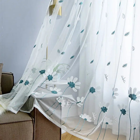 Cortina pequeña de gasa bordada con flores coreanas, para dormitorio y sala de estar, 1 pieza