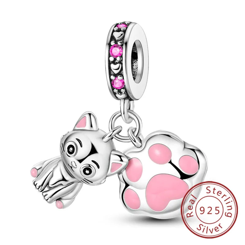 Abalorios de plata de ley 925 con huellas de perro, gato, corazón, animales, abalorios que se ajustan a pulseras, collares, colgantes, joyas para mujer, para hacer tú mismo