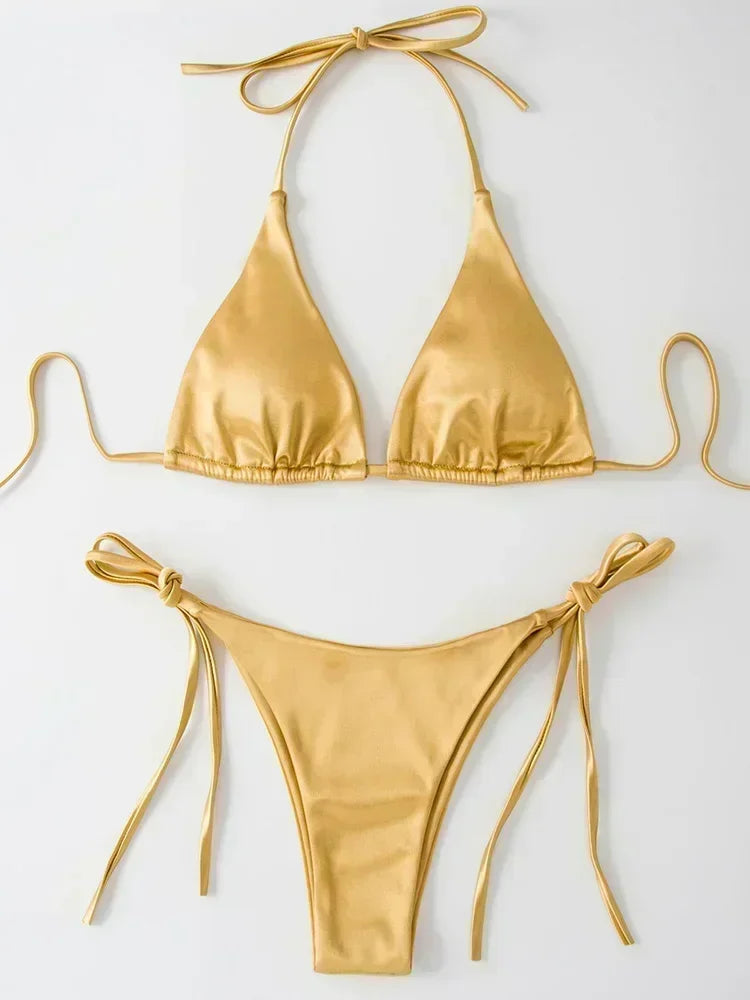 Licou brésilien métallique Satin Bikini femmes maillots de bain femme maillot de bain deux pièces Bikini ensemble coupe haute maillot de bain maillots de bain