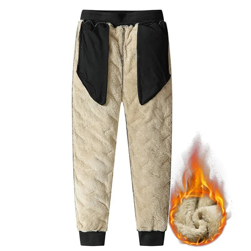 Men's Thermal Lambswool Sweatpants, Warm Cotton Pants, Waterproof Pants, Windproof Pants, Winter Sportswear, Plush Look, Smile, fjCasual