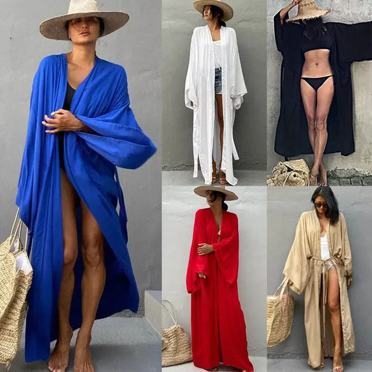 Bata Larga de Playa con Cinturón para Mujer, Kimono Sexy, Cárdigan de Verano, 5 Colores Lisos