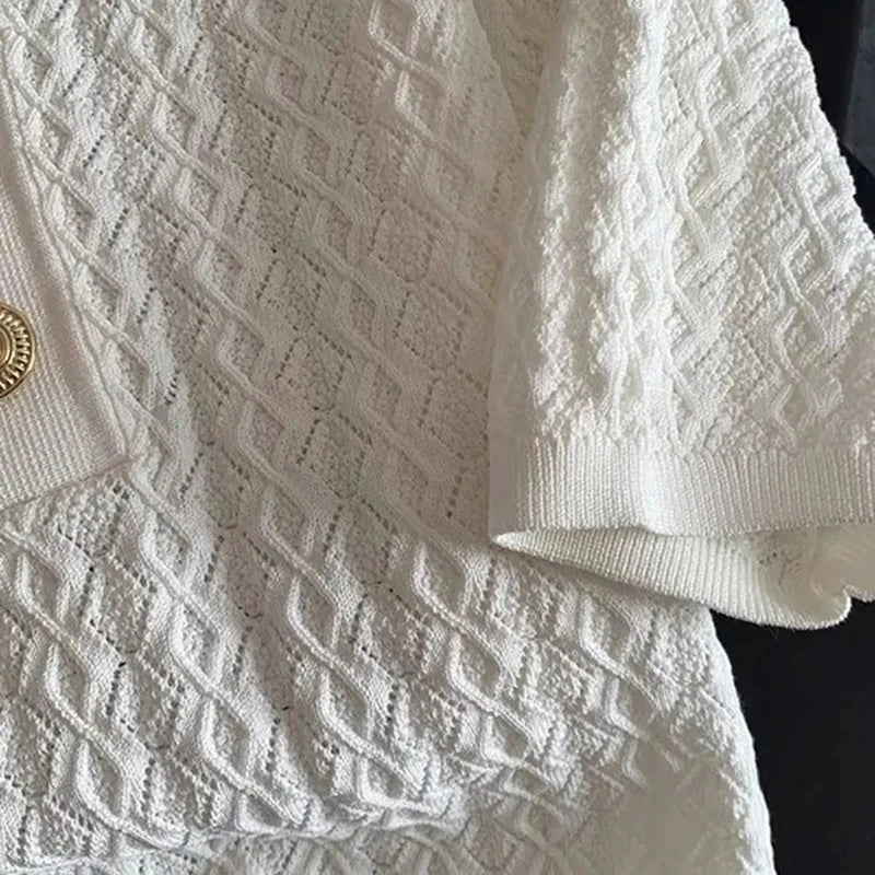 Polo en soie glacée tricoté à manches courtes, T-shirt d'été chic et fin, hauts jacquard uniques pour femmes, style coréen 2026, vêtements pour femmes