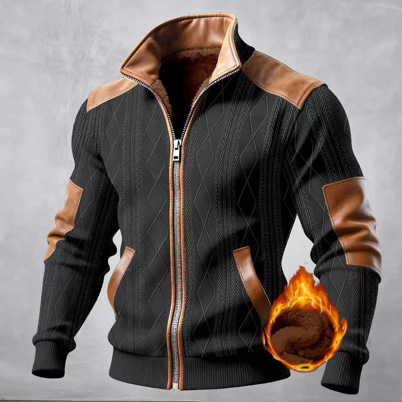 Men's Casual Jacket, textured, jacquard patchwork, fashionable, stand-up collar, warm and comfortable, winter