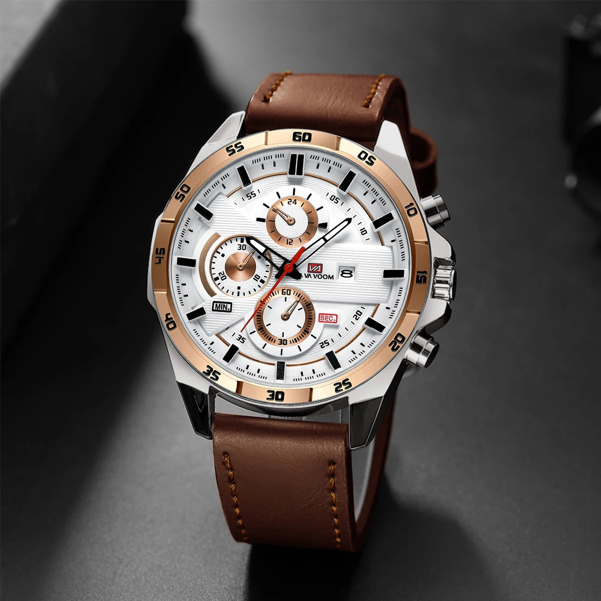 Montres de sport pour hommes, série de course de mode, 46mm, horloge en cuir noir VA VA VOOM, mouvement à Quartz 3Bar, montre-bracelet étanche pour hommes