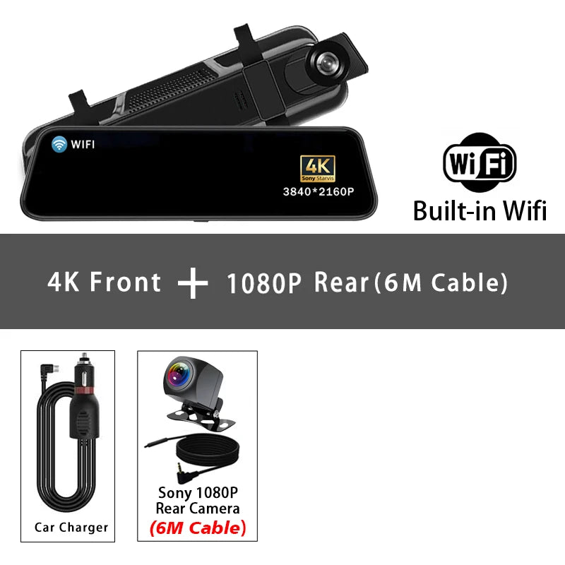 Dashcam Rétroviseur 4K 10" GPS WiFi — Double Lentille IPS Enregistreur Flux