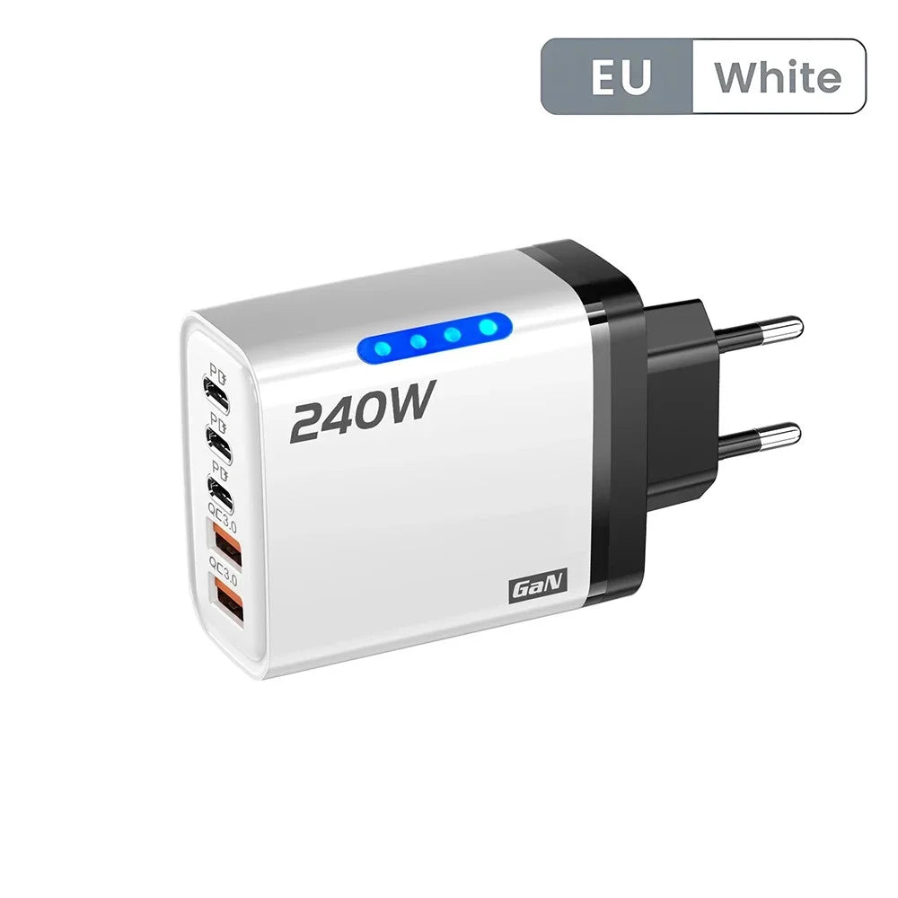 Chargeur de téléphone GaN 5 en 1 240W, adaptateur de charge rapide 10A, câble USB vers Type C, 3 ports PD, 2 ports USB, pour iPhone 16 15 Pro, Xiaomi
